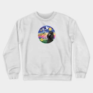 A Black Standard Poodle and the Bluebird of Happiness Crewneck Sweatshirt